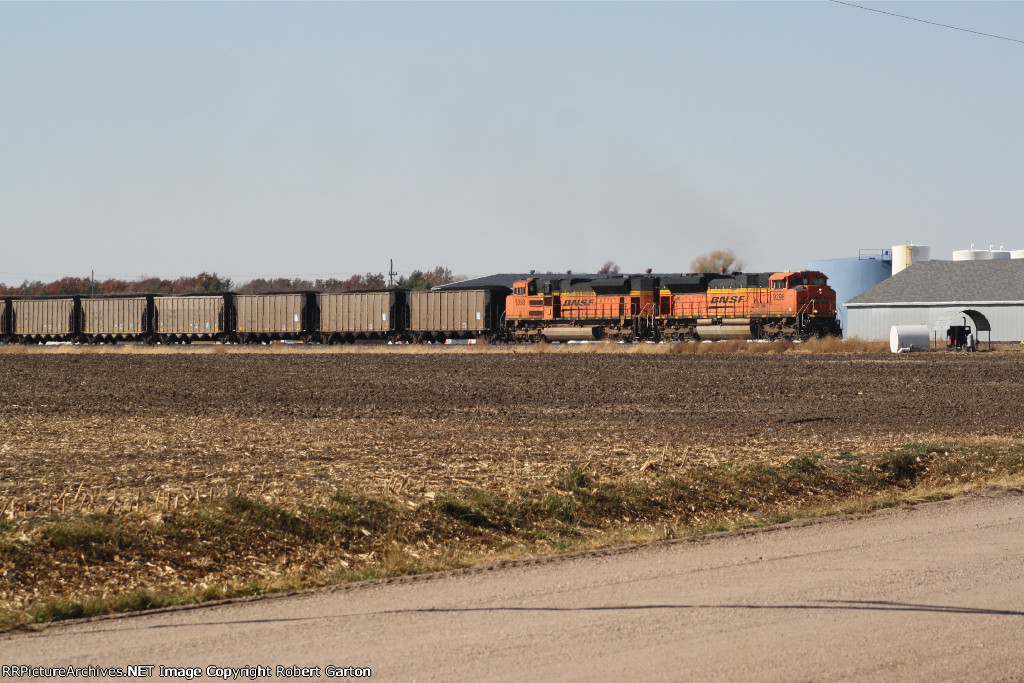 BNSF 9298 & 9398 lead a unit coal train up the slight grade out of York to points east